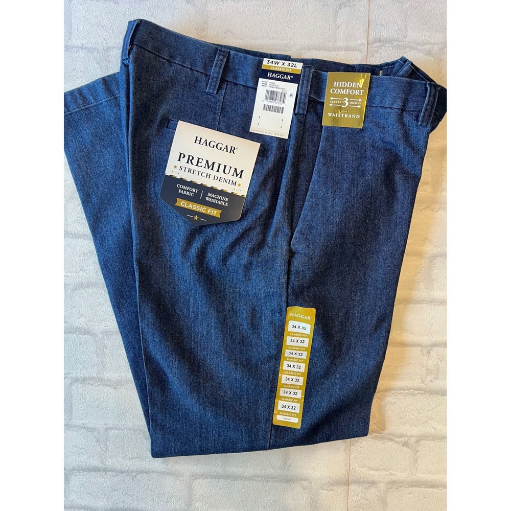 NWT Haggar Premium Stretch Denim Pants Mens 34x32 Classic Fit Blue Jeans